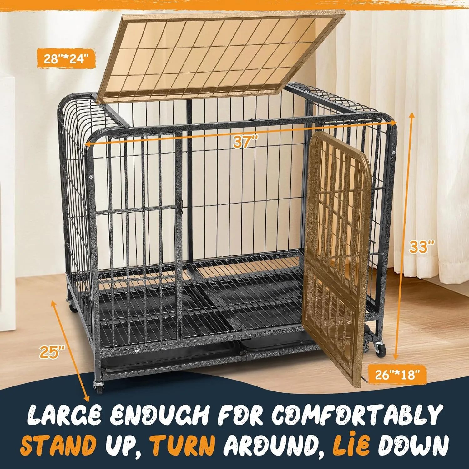 37 Inch Dog Crates for Small Medium Dogs Pets Indoor, Indestructible Enhanced Cage Kennel with 3 Doors, Lockable Wheels and Removable Tray, Heavy Duty Escape Proof Carrier, 37 x 25 x 33 Inch
