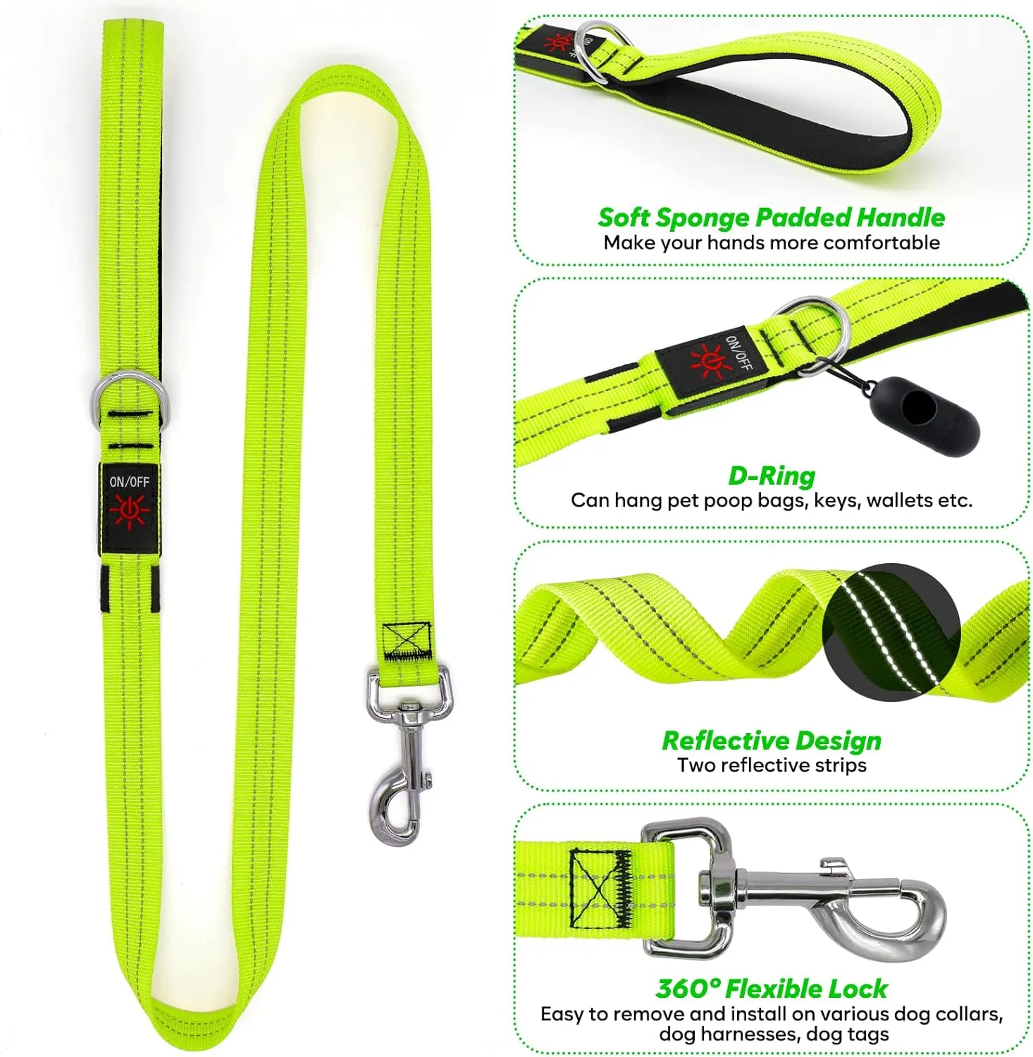 4 Ft LED Dog Leash, Rechargeable Light Up, Safety Glow in The Dark, Nylon Reflective with Padded Handle for Small to Large Pets
