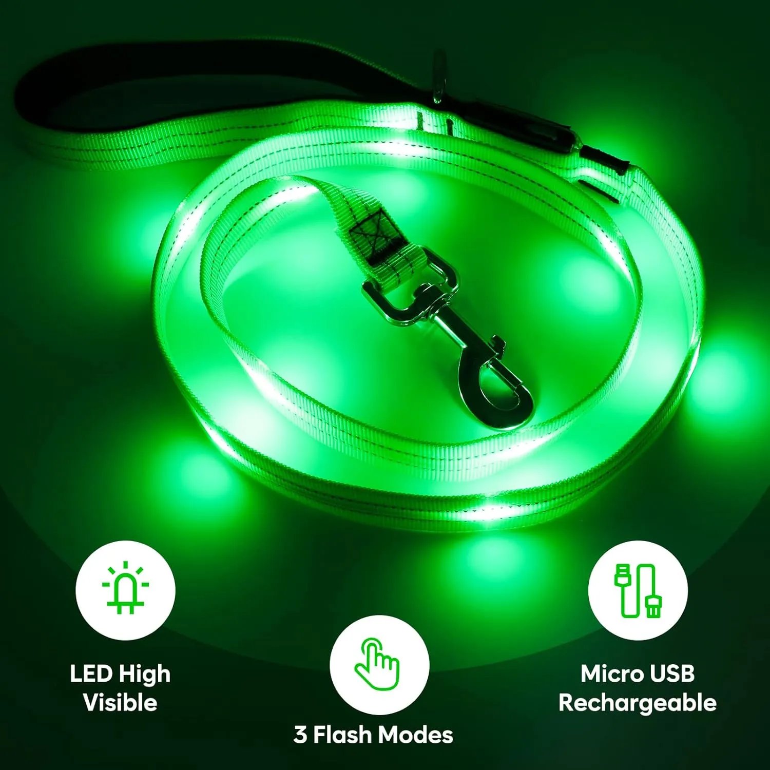 4 Ft LED Dog Leash, Rechargeable Light Up, Safety Glow in The Dark, Nylon Reflective with Padded Handle for Small to Large Pets