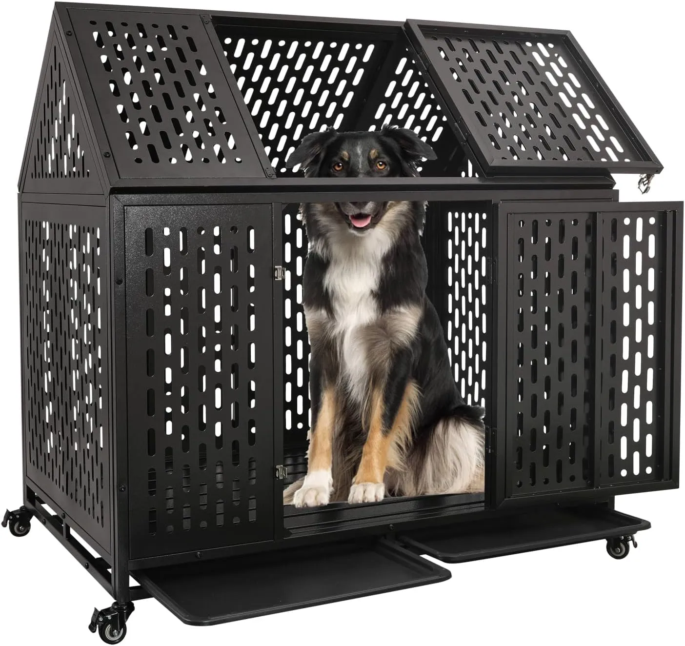 44'' Indestructible Heavy Duty Dog Crate, Escape-Proof Kennel with Pointed Roof for High Anxiety Large Medium Dogs, Steel Chewproof Sound Proof Impact Cage Indoor with Wheels and Trays, XL/XXL