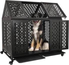 44'' Indestructible Heavy Duty Dog Crate, Escape-Proof Kennel with Pointed Roof for High Anxiety Large Medium Dogs, Steel Chewproof Sound Proof Impact Cage Indoor with Wheels and Trays, XL/XXL