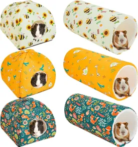 6 Pieces Guinea Pig Hideout Set Soft Bunny Bed and Tunnel Washable Sugar Glider Toy Chinchilla House Bed Accessories for Hamster,Rabbit,Ferret,Small Animal(Cute Style)
