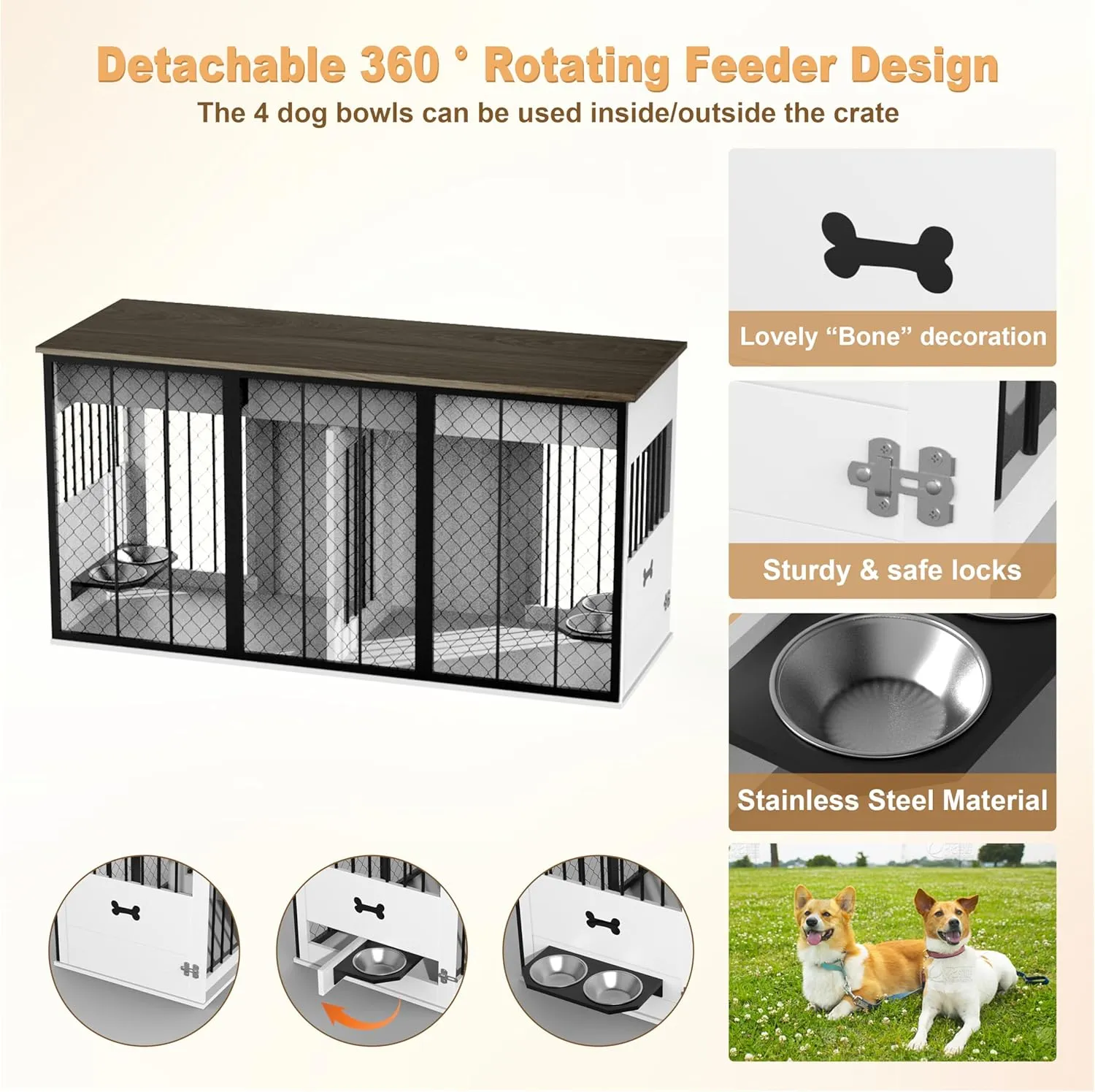 65" Double Dog Crate Furniture for 2 Dogs Heavy Duty Wood Dog Cage Table with 3 Storage Drawers and 4 Stainless Steel Bowls Dog Kennel Indoor for Medium Large Dogs