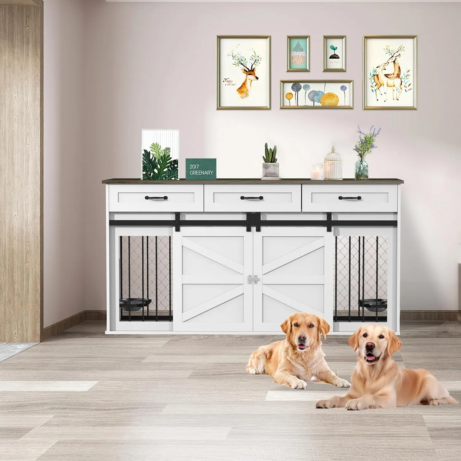 65" Double Dog Crate Furniture for 2 Dogs Heavy Duty Wood Dog Cage Table with 3 Storage Drawers and 4 Stainless Steel Bowls Dog Kennel Indoor for Medium Large Dogs
