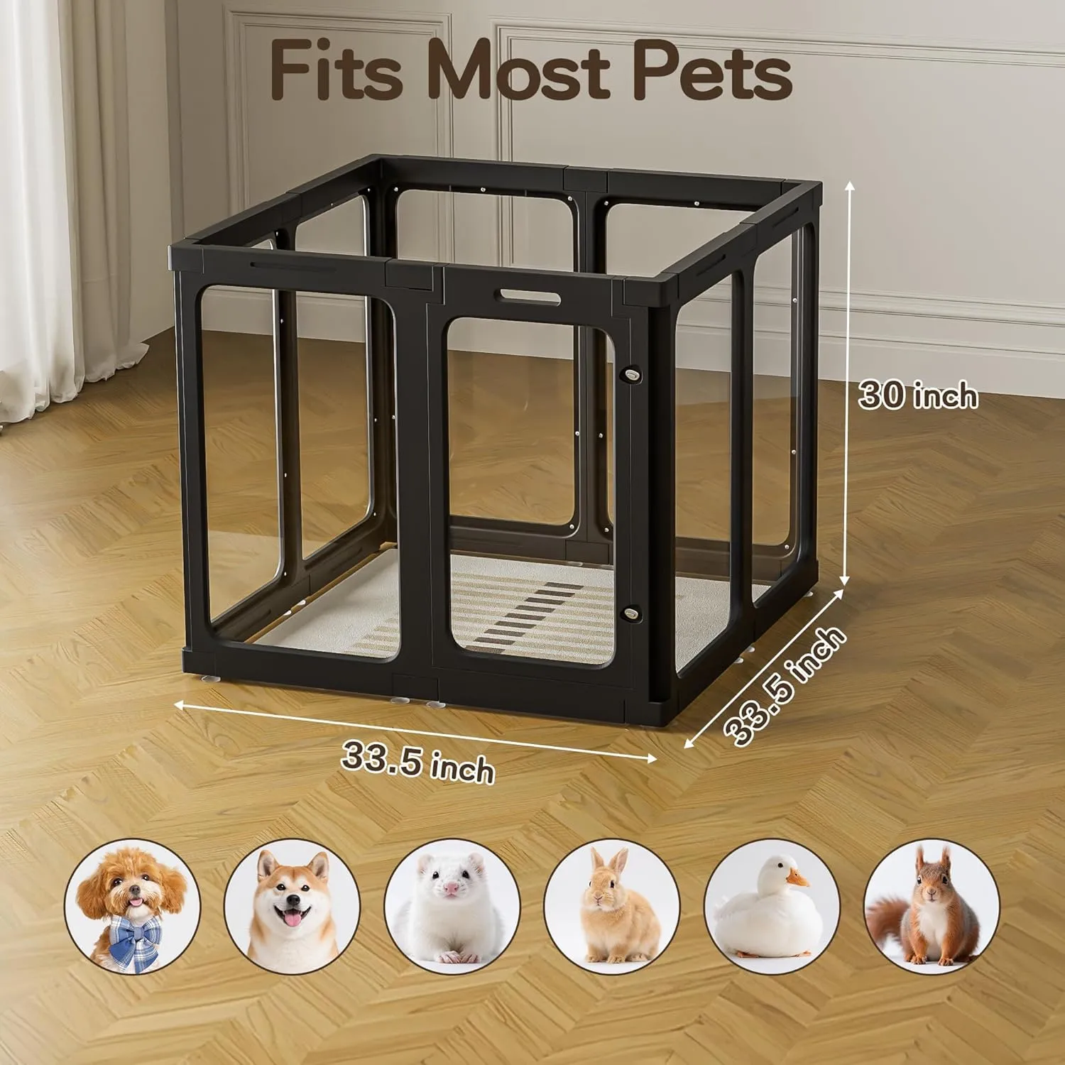 Acrylic Dog Playpen Indoor, Clear Play Pen for Dog Cat Rabbit Ferret, Plastic Puppy Playpen with Door, Easy Assemble Dog Crate for Small & Medium Dogs (30" Height, 8PCS, Black)