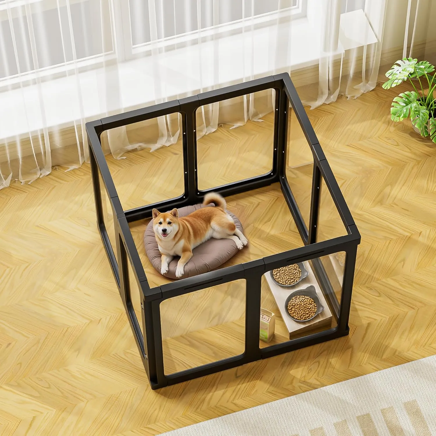 Acrylic Dog Playpen Indoor, Clear Play Pen for Dog Cat Rabbit Ferret, Plastic Puppy Playpen with Door, Easy Assemble Dog Crate for Small & Medium Dogs (30" Height, 8PCS, Black)