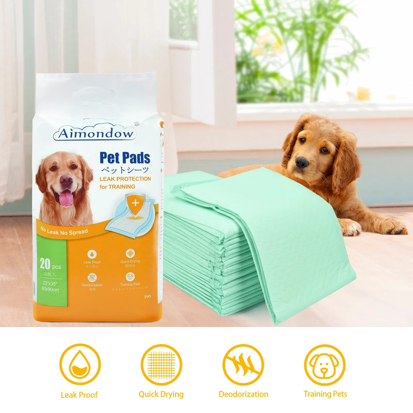 Aimondow Leakproof Pet Training Pads Absorbent Potty Puppy Pads for Dogs Cats Quick Drying Disposable Pee Pads, Extra Large, 23inch×35inch, 40 Count