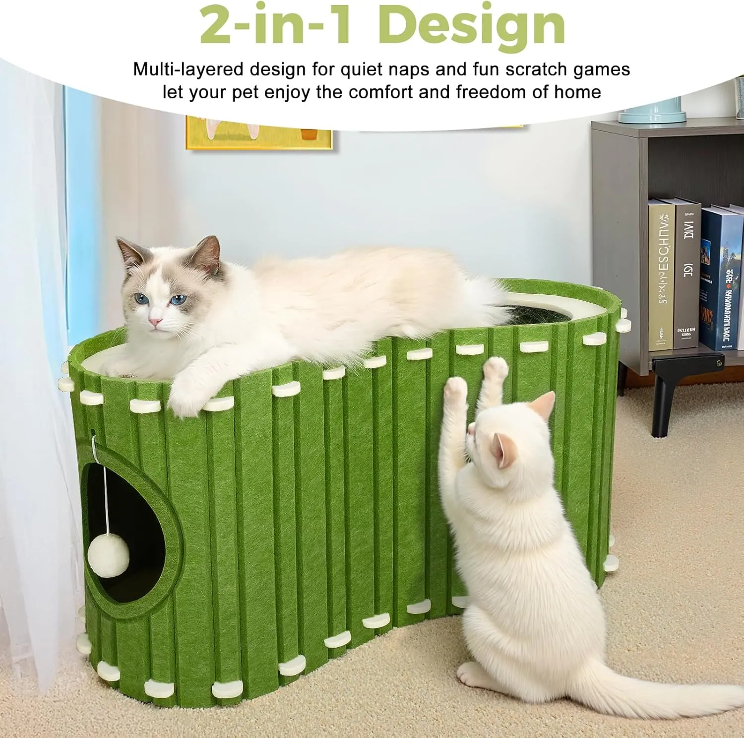 Babepets Cat House for Indoor Cats, Large Felt Bed Cave with Ball Hanging, Foldable Cat Condo, Scratch Resistant Peekaboo Hideaway for Multiple Pets up to 20Lbs, Cat Tunnel Enclosed Bed, Army Green