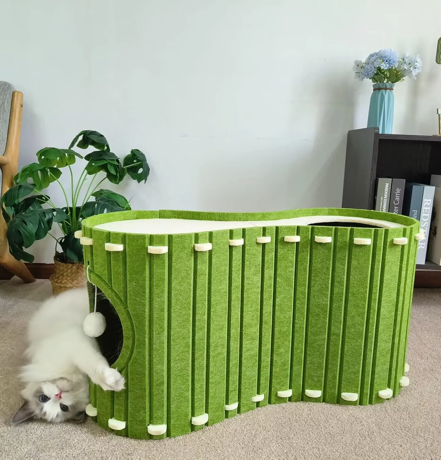 Babepets Cat House for Indoor Cats, Large Felt Bed Cave with Ball Hanging, Foldable Cat Condo, Scratch Resistant Peekaboo Hideaway for Multiple Pets up to 20Lbs, Cat Tunnel Enclosed Bed, Army Green