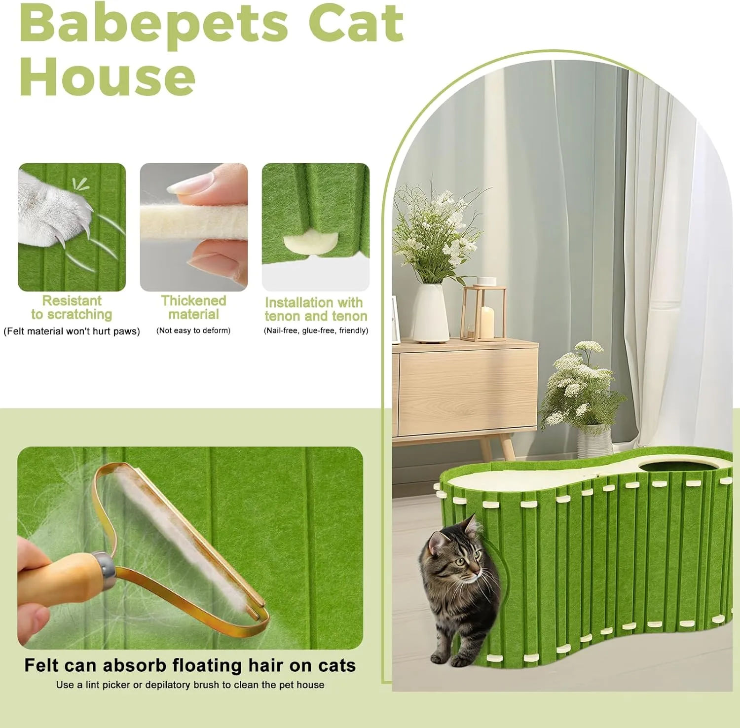 Babepets Cat House for Indoor Cats, Large Felt Bed Cave with Ball Hanging, Foldable Cat Condo, Scratch Resistant Peekaboo Hideaway for Multiple Pets up to 20Lbs, Cat Tunnel Enclosed Bed, Army Green