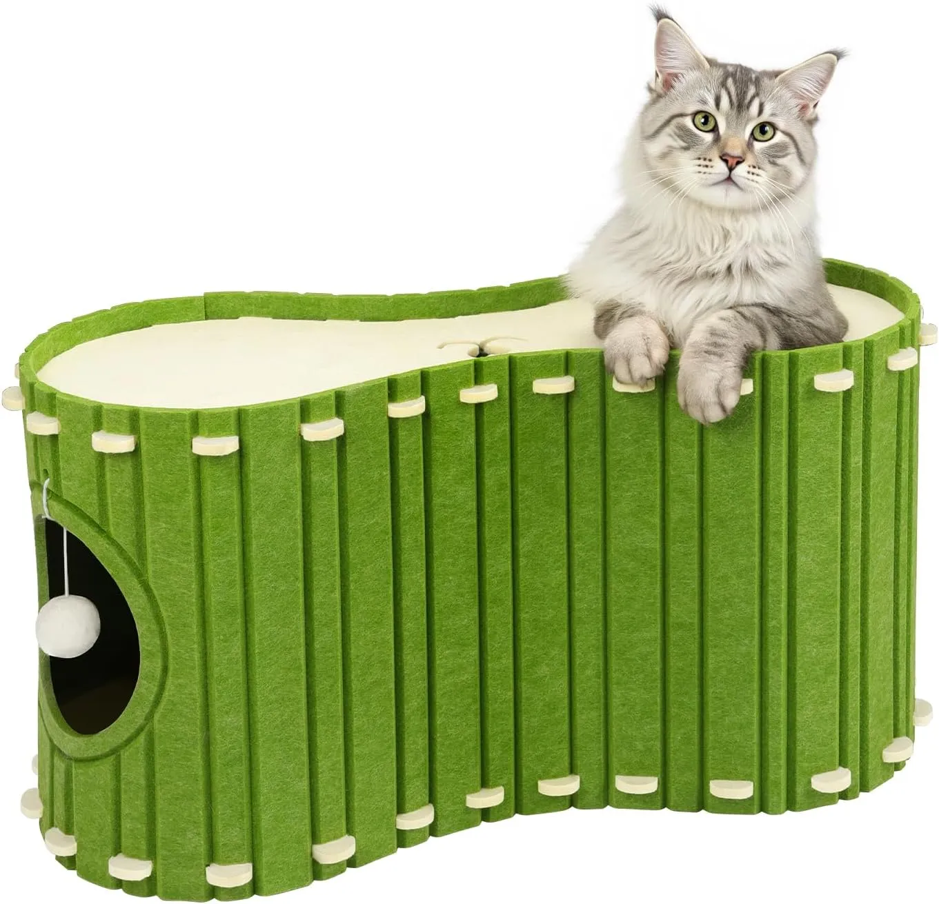 Babepets Cat House for Indoor Cats, Large Felt Bed Cave with Ball Hanging, Foldable Cat Condo, Scratch Resistant Peekaboo Hideaway for Multiple Pets up to 20Lbs, Cat Tunnel Enclosed Bed, Army Green