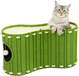 Babepets Cat House for Indoor Cats, Large Felt Bed Cave with Ball Hanging, Foldable Cat Condo, Scratch Resistant Peekaboo Hideaway for Multiple Pets up to 20Lbs, Cat Tunnel Enclosed Bed, Army Green