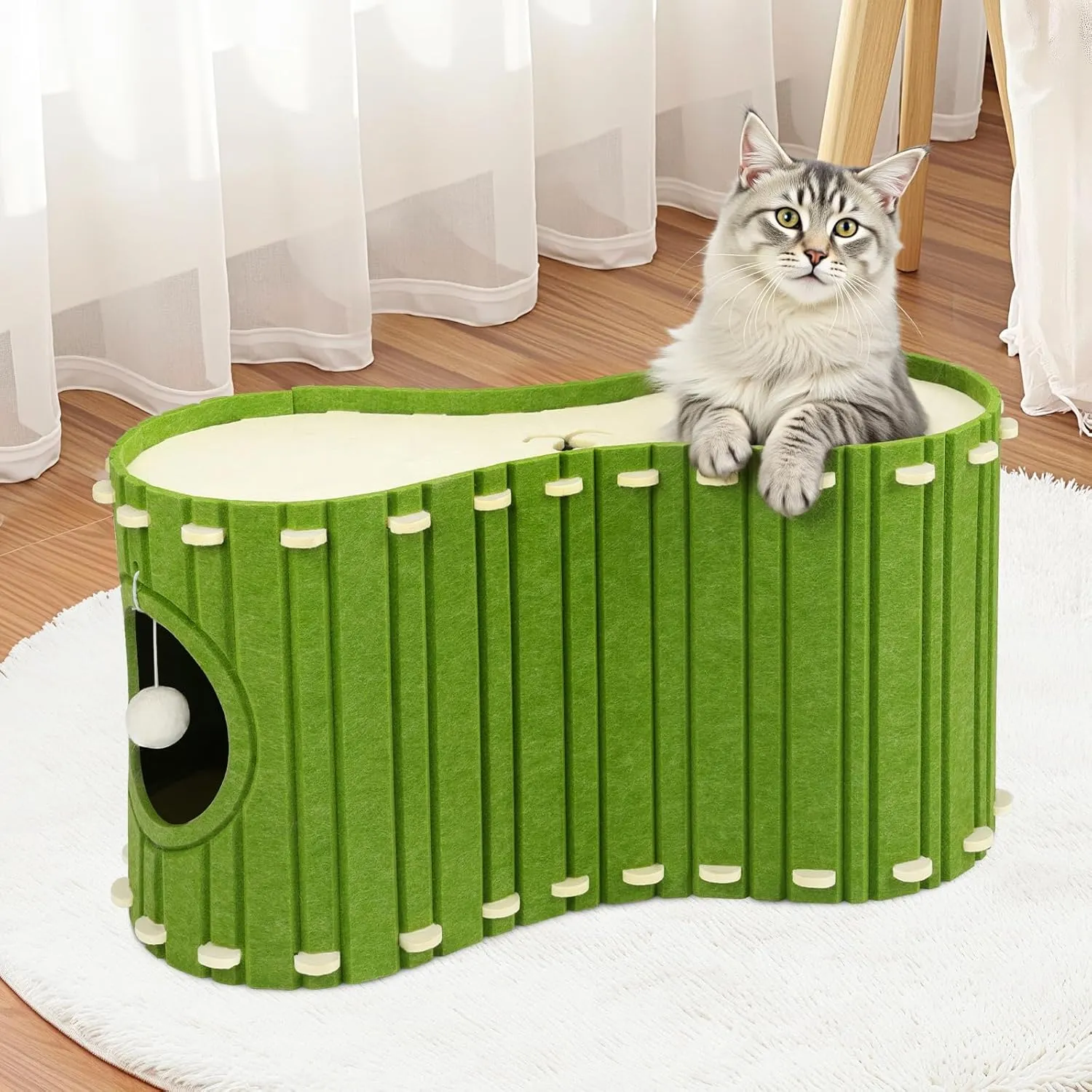 Babepets Cat House for Indoor Cats, Large Felt Bed Cave with Ball Hanging, Foldable Cat Condo, Scratch Resistant Peekaboo Hideaway for Multiple Pets up to 20Lbs, Cat Tunnel Enclosed Bed, Army Green