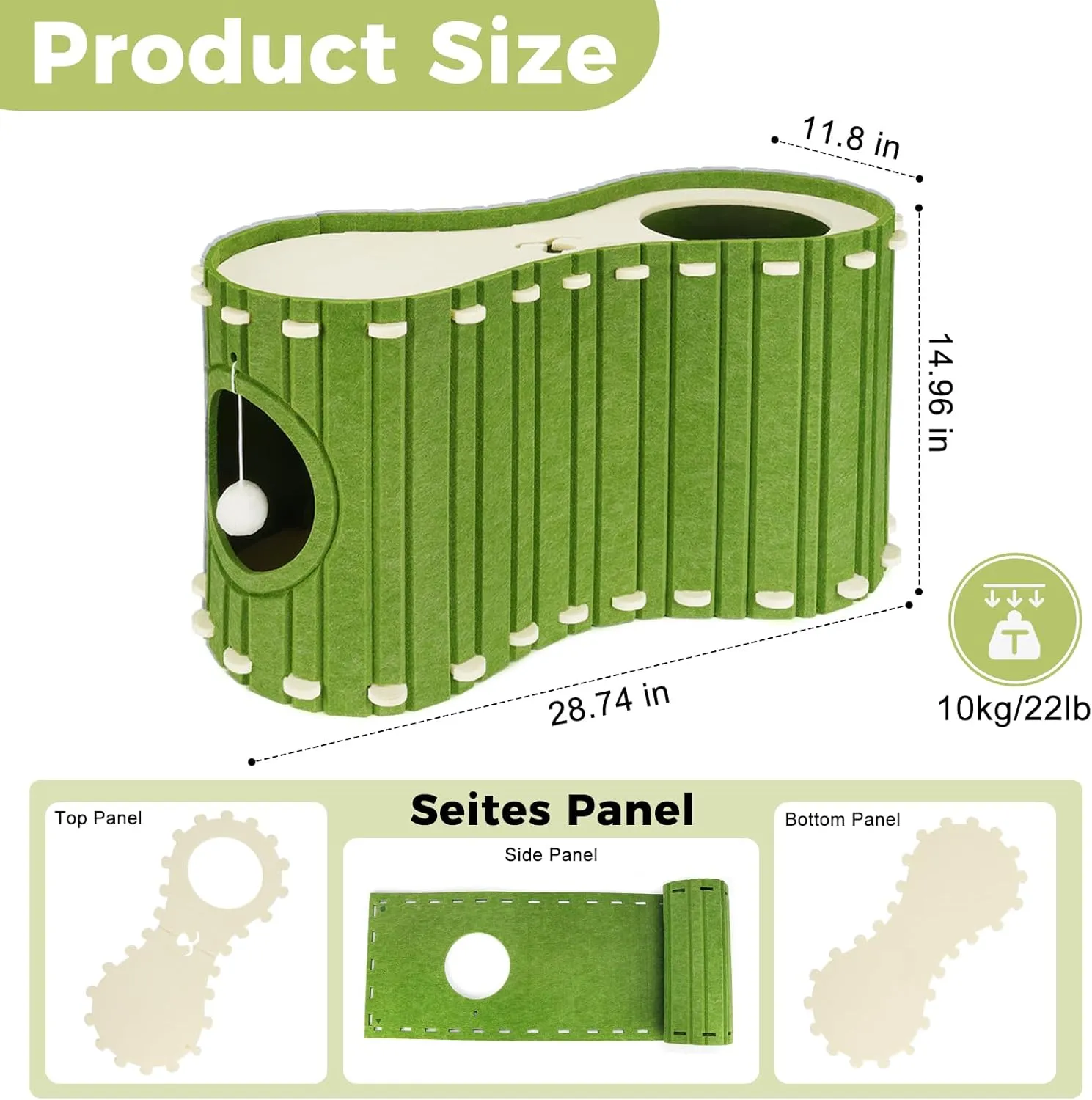 Babepets Cat House for Indoor Cats, Large Felt Bed Cave with Ball Hanging, Foldable Cat Condo, Scratch Resistant Peekaboo Hideaway for Multiple Pets up to 20Lbs, Cat Tunnel Enclosed Bed, Army Green