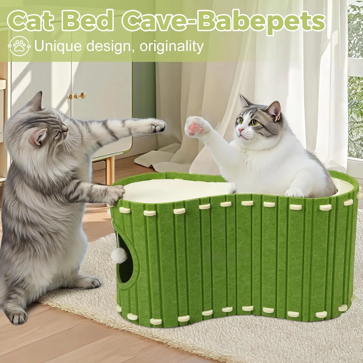 Babepets Cat House for Indoor Cats, Large Felt Bed Cave with Ball Hanging, Foldable Cat Condo, Scratch Resistant Peekaboo Hideaway for Multiple Pets up to 20Lbs, Cat Tunnel Enclosed Bed, Army Green