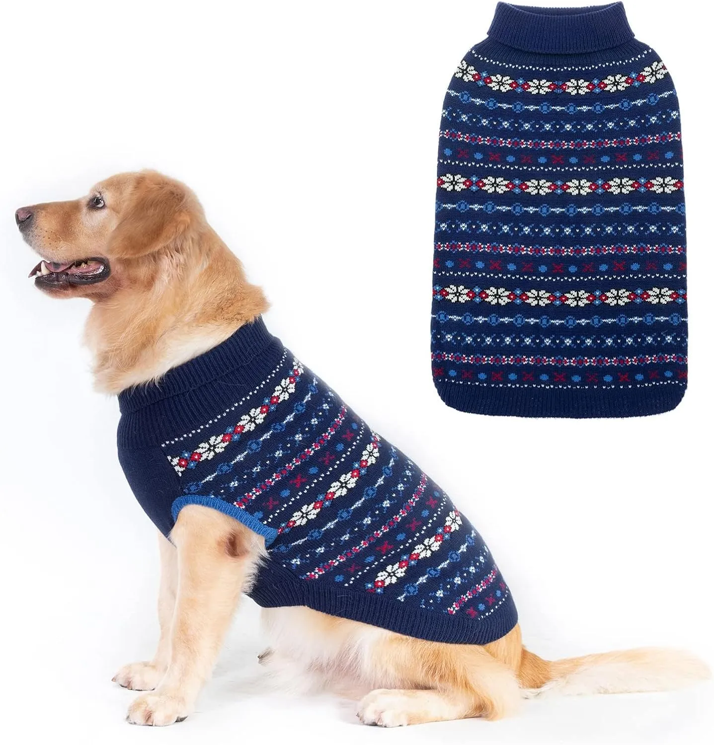 BINGPET Dog Sweaters for Large Dogs,Winter Dog Sweater Warm Clothes Boys Girls with Leash Hole,Classic Snowflake Doggy Knitwear Clothes,Ideal Gift for Pet in New Year(Navy,Large)