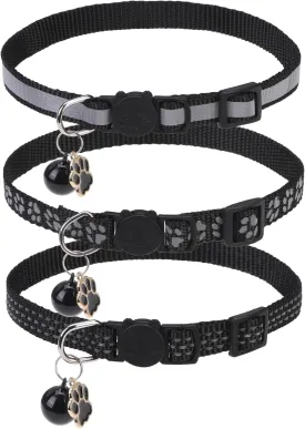 BINGPET Reflective Cat Collar Breakaway with Bells,3 Pack Kitten Collar for Girl Boy Cats with Cute Pendant Glow in The Dark,Adjustable 8''-11.8'',Black