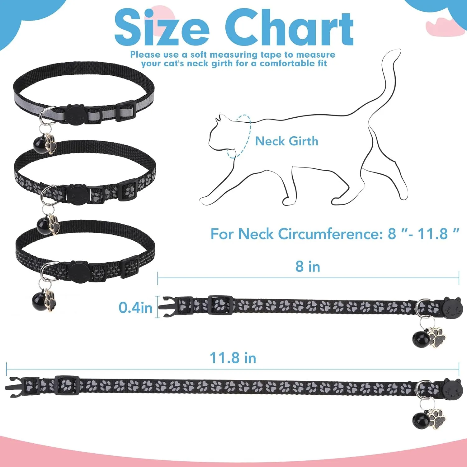 BINGPET Reflective Cat Collar Breakaway with Bells,3 Pack Kitten Collar for Girl Boy Cats with Cute Pendant Glow in The Dark,Adjustable 8''-11.8'',Black