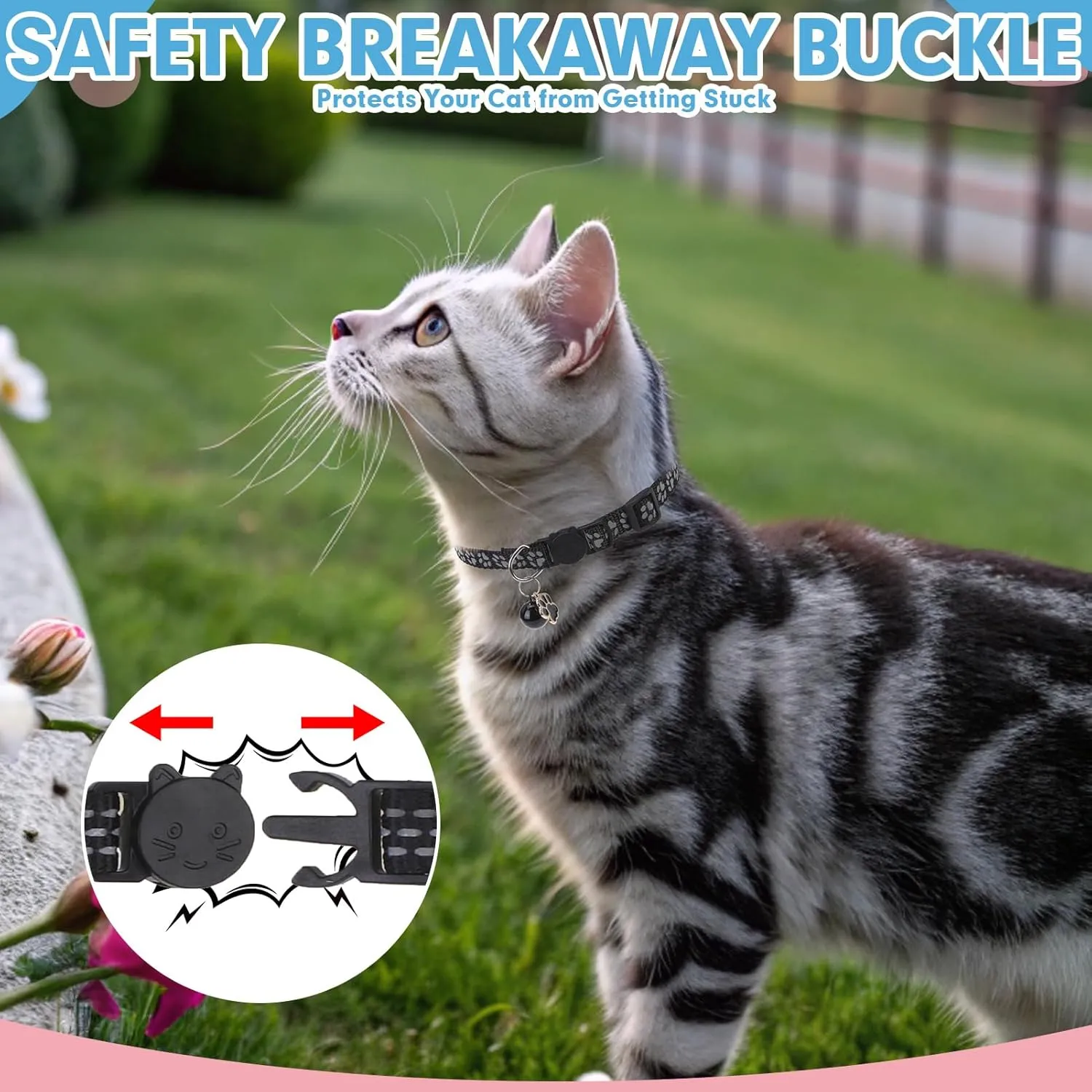 BINGPET Reflective Cat Collar Breakaway with Bells,3 Pack Kitten Collar for Girl Boy Cats with Cute Pendant Glow in The Dark,Adjustable 8''-11.8'',Black