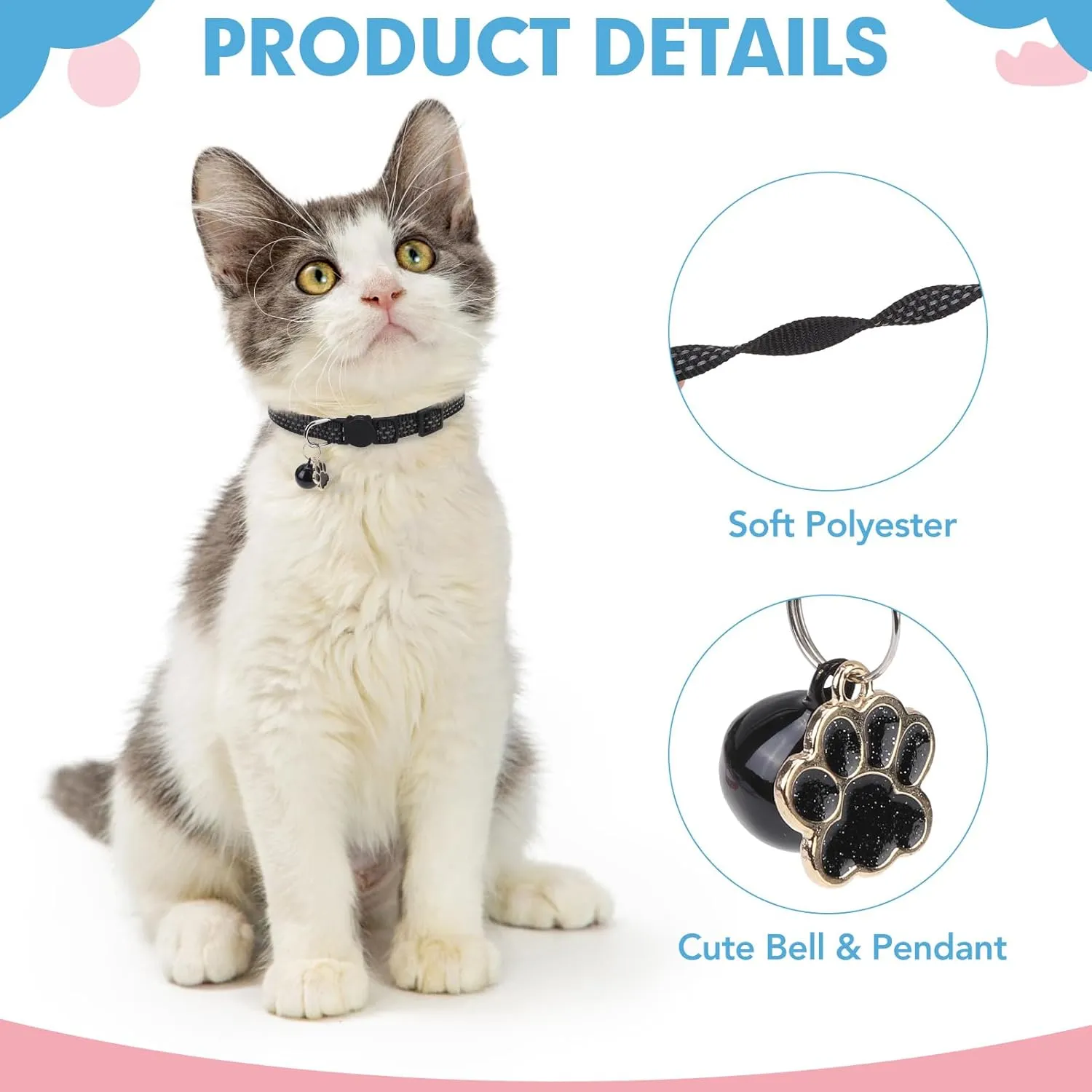 BINGPET Reflective Cat Collar Breakaway with Bells,3 Pack Kitten Collar for Girl Boy Cats with Cute Pendant Glow in The Dark,Adjustable 8''-11.8'',Black