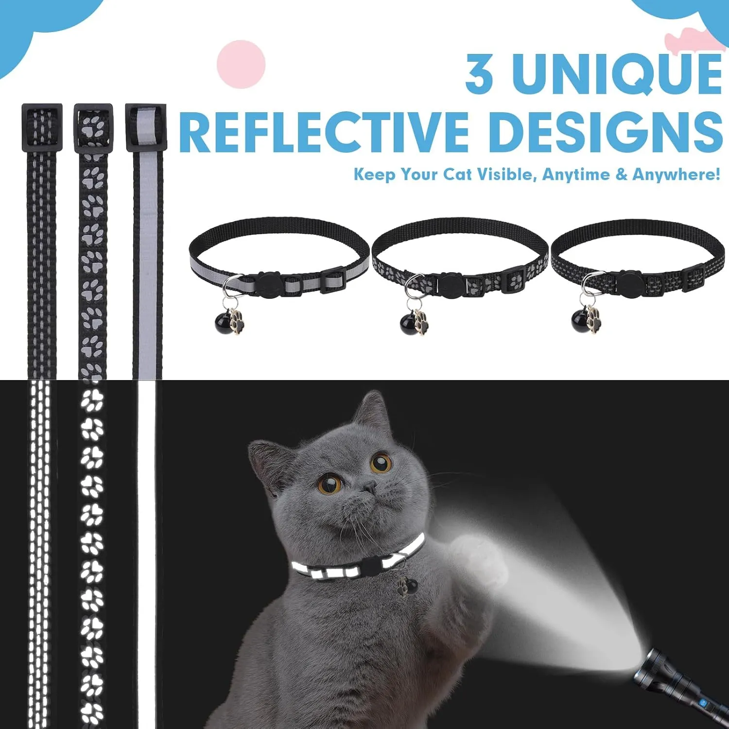 BINGPET Reflective Cat Collar Breakaway with Bells,3 Pack Kitten Collar for Girl Boy Cats with Cute Pendant Glow in The Dark,Adjustable 8''-11.8'',Black