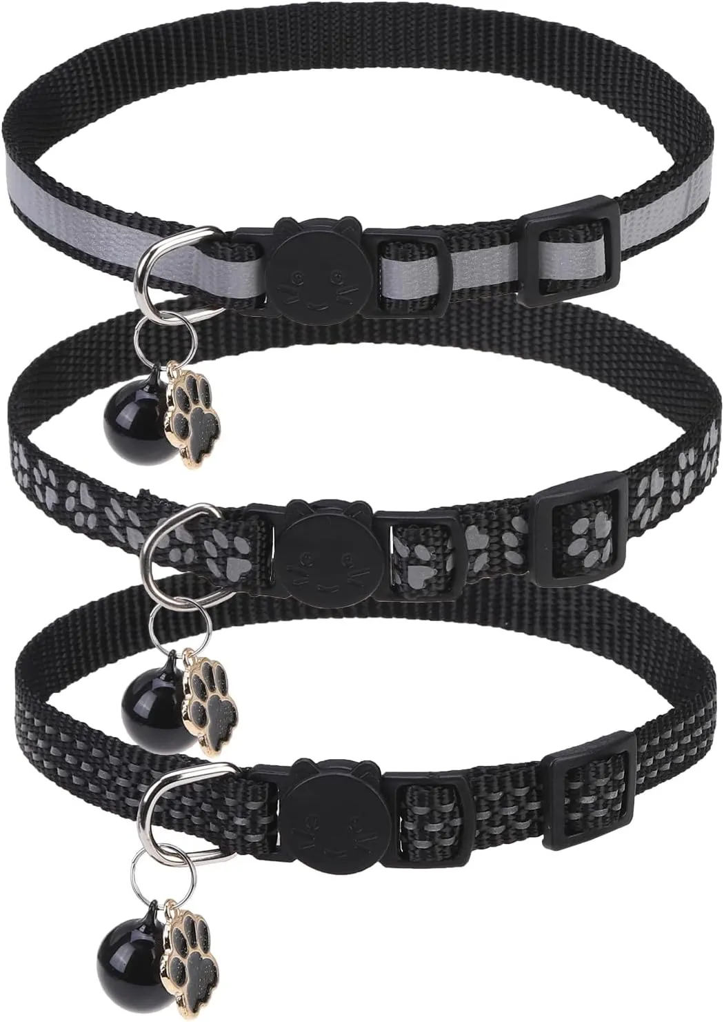 BINGPET Reflective Cat Collar Breakaway with Bells,3 Pack Kitten Collar for Girl Boy Cats with Cute Pendant Glow in The Dark,Adjustable 8''-11.8'',Black