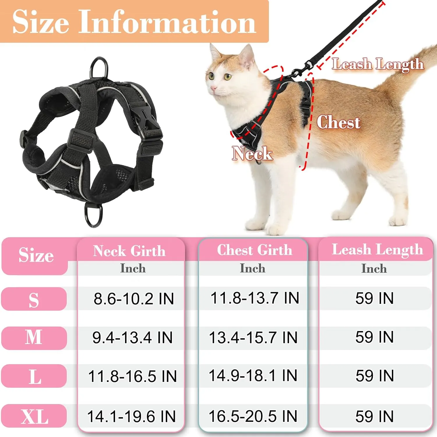 Cat Harness and Leash, Reflective Cat Harness Escape Proof for Walking, Adjustable Kitten Harness and Leash Set, 4 Buckles Easy Control Breathable Cat Vest Harness for All Types of Cats