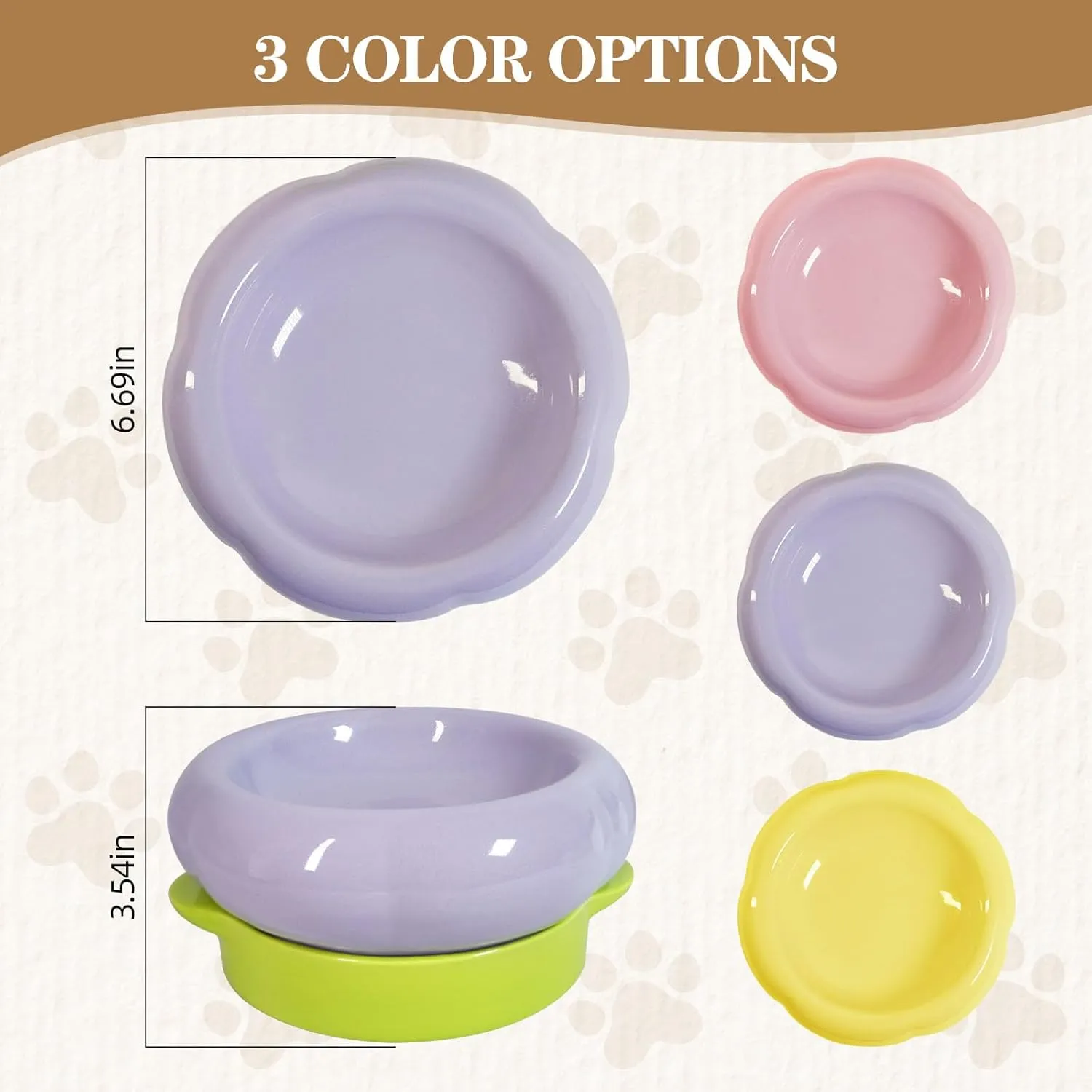 Ceramic Cat Food Bowl Set of 2,Flower Anti Whisker Fatigue Cat Bowls/Dishes,for Wet Dry Food and Water,Cute Kitten Feeding Shallow Bowls,for Indoor Outdoor, Dishwasher Safe, Non-Slip(Purple)