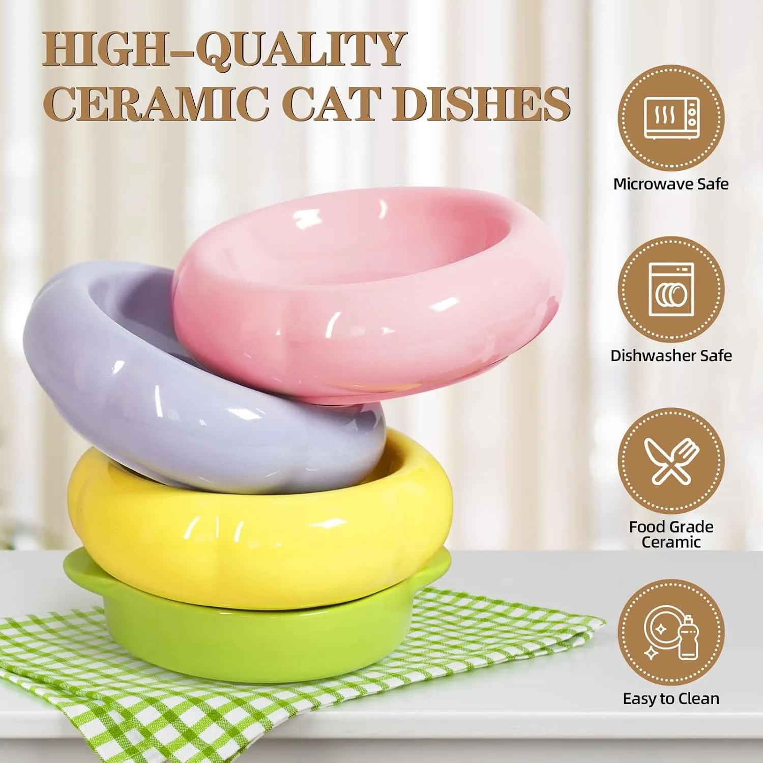 Ceramic Cat Food Bowl Set of 2,Flower Anti Whisker Fatigue Cat Bowls/Dishes,for Wet Dry Food and Water,Cute Kitten Feeding Shallow Bowls,for Indoor Outdoor, Dishwasher Safe, Non-Slip(Purple)