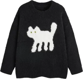 CIDER Womens Cat Sweater Long Sleeve Crew Neck Fun Graphic Cute Patterned Pullover Sweater Tops