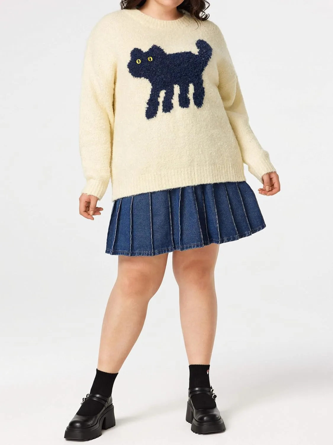 CIDER Womens Cat Sweater Long Sleeve Crew Neck Fun Graphic Cute Patterned Pullover Sweater Tops