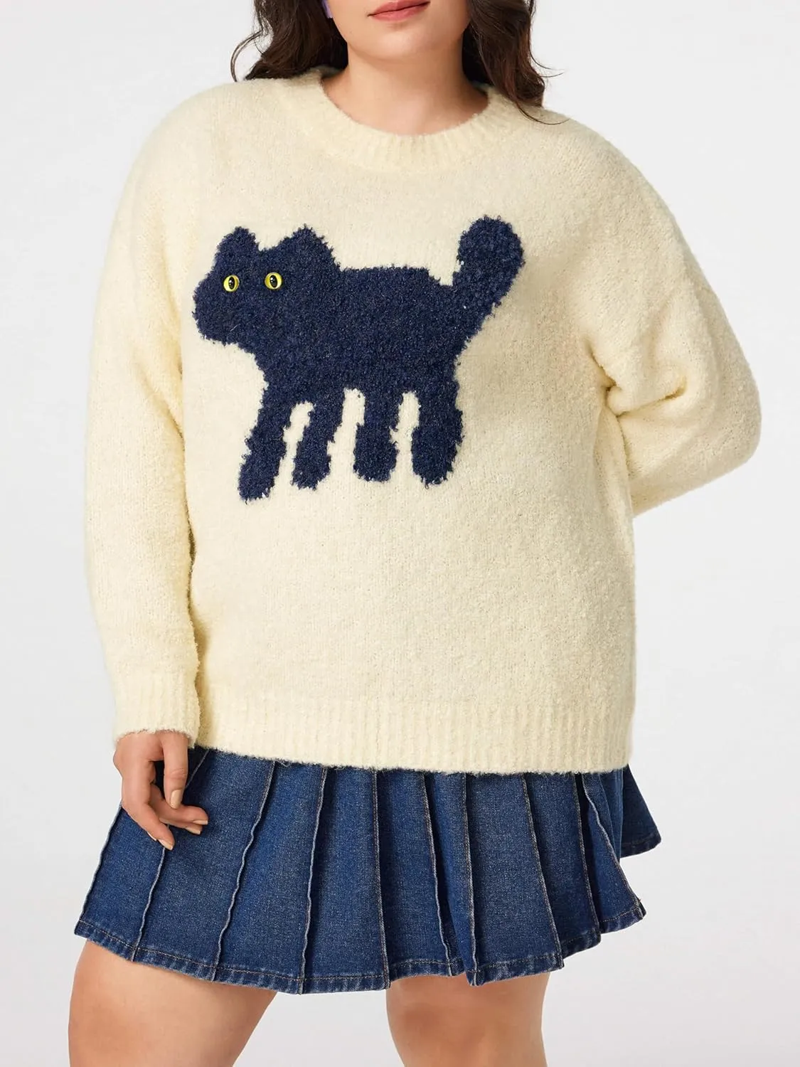 CIDER Womens Cat Sweater Long Sleeve Crew Neck Fun Graphic Cute Patterned Pullover Sweater Tops