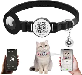 Collar Leather Breakaway Airtag Cat Collar with Bell - Kitten Collar, Apple Air Tag Holder Cat Collar for Boy Cats, Girl Cats with Smart ID tag | Easy-to-use tag with QR Code (Black)