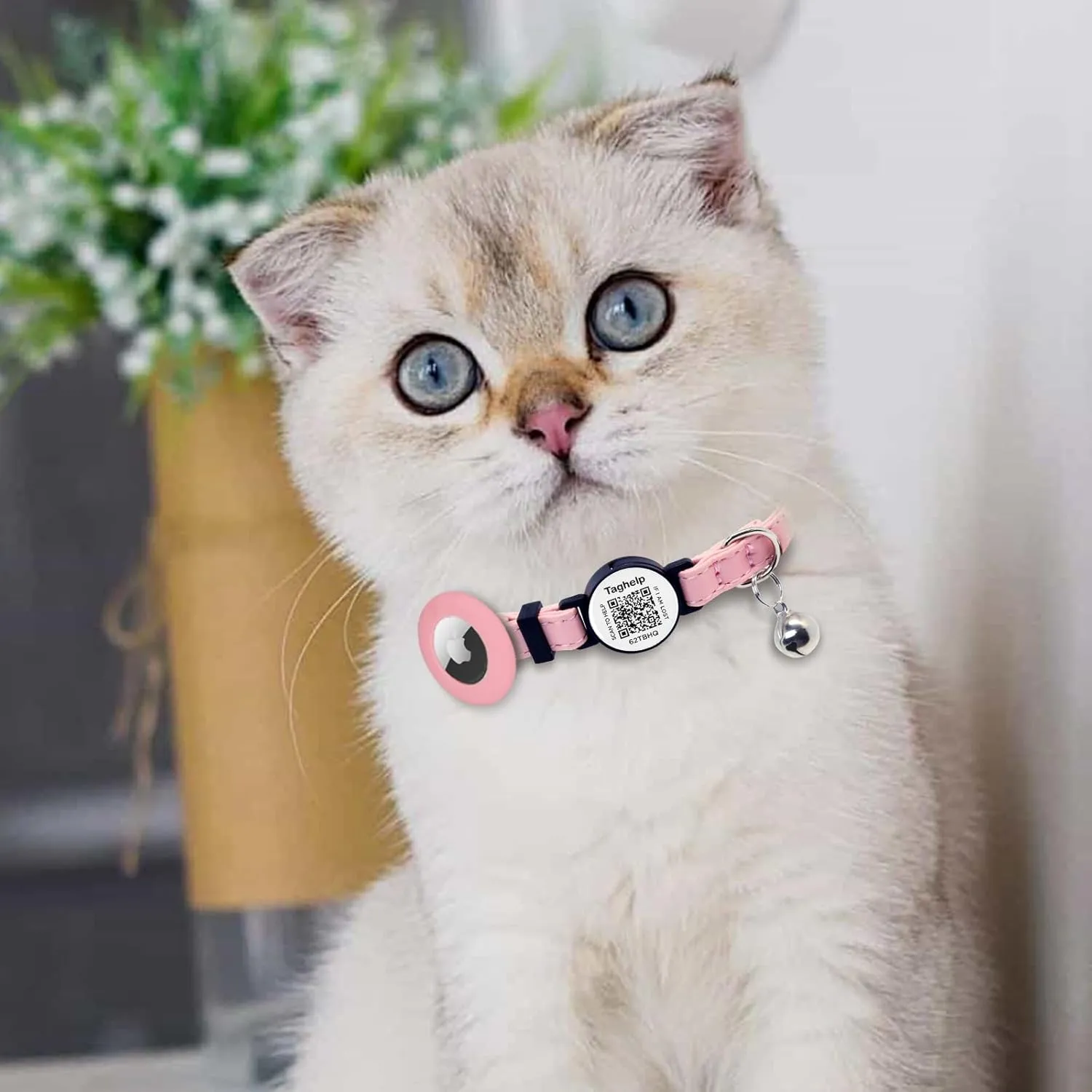 Collar Leather Breakaway Airtag Cat Collar with Bell - Kitten Collar, Apple Air Tag Holder Cat Collar for Boy Cats, Girl Cats with Smart ID tag | Easy-to-use tag with QR Code (Black)
