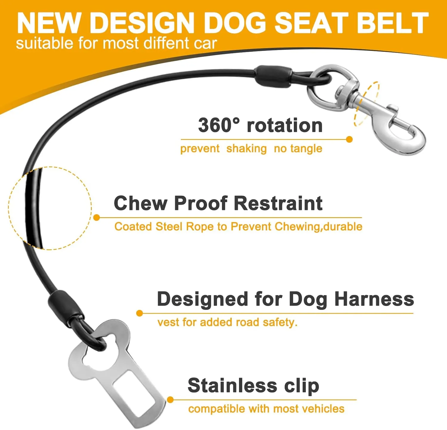 Dog Car Harnesses.Dog Car Seatbelt Made of Coated Wire Rope Safety Restraint No-Chew Tether Cable Stainless Steel. Vehicle Harnesses with Latch Attachment. Dog Leash (32 inch/80 CM)