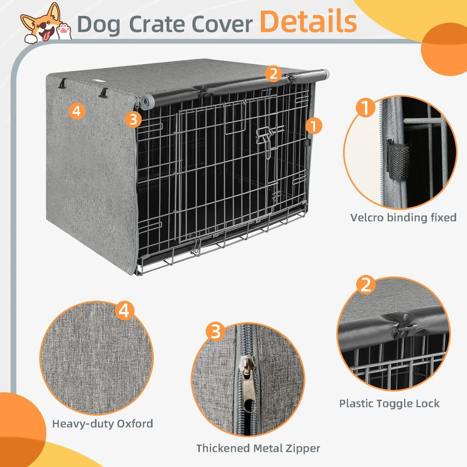 Dog Crate Cover - Kennel Cover Fit for 42 Inch Dog Crate, Double Door Polyester for Wire Puppy Cage Indoor Outdoor Protection,Grey