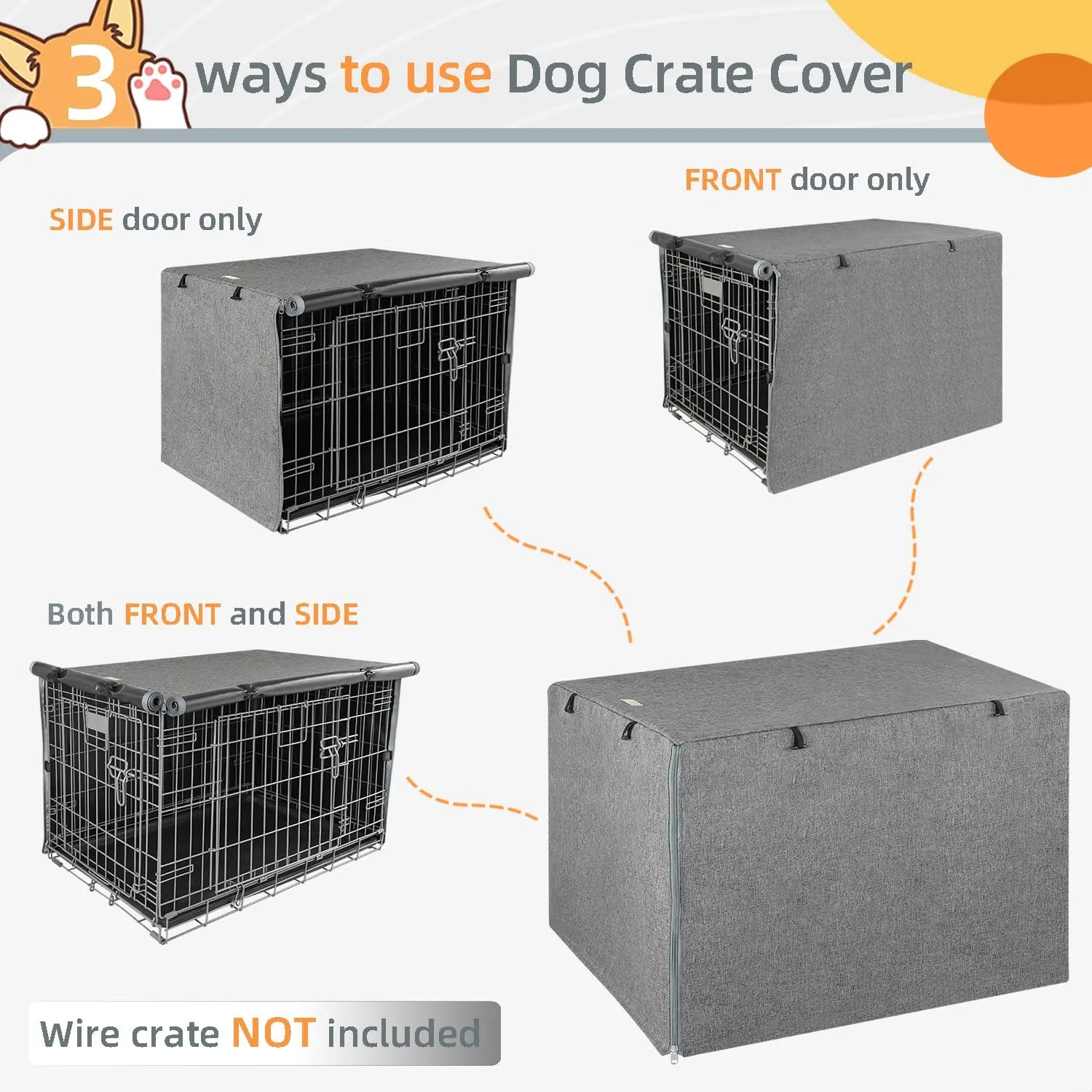 Dog Crate Cover - Kennel Cover Fit for 42 Inch Dog Crate, Double Door Polyester for Wire Puppy Cage Indoor Outdoor Protection,Grey