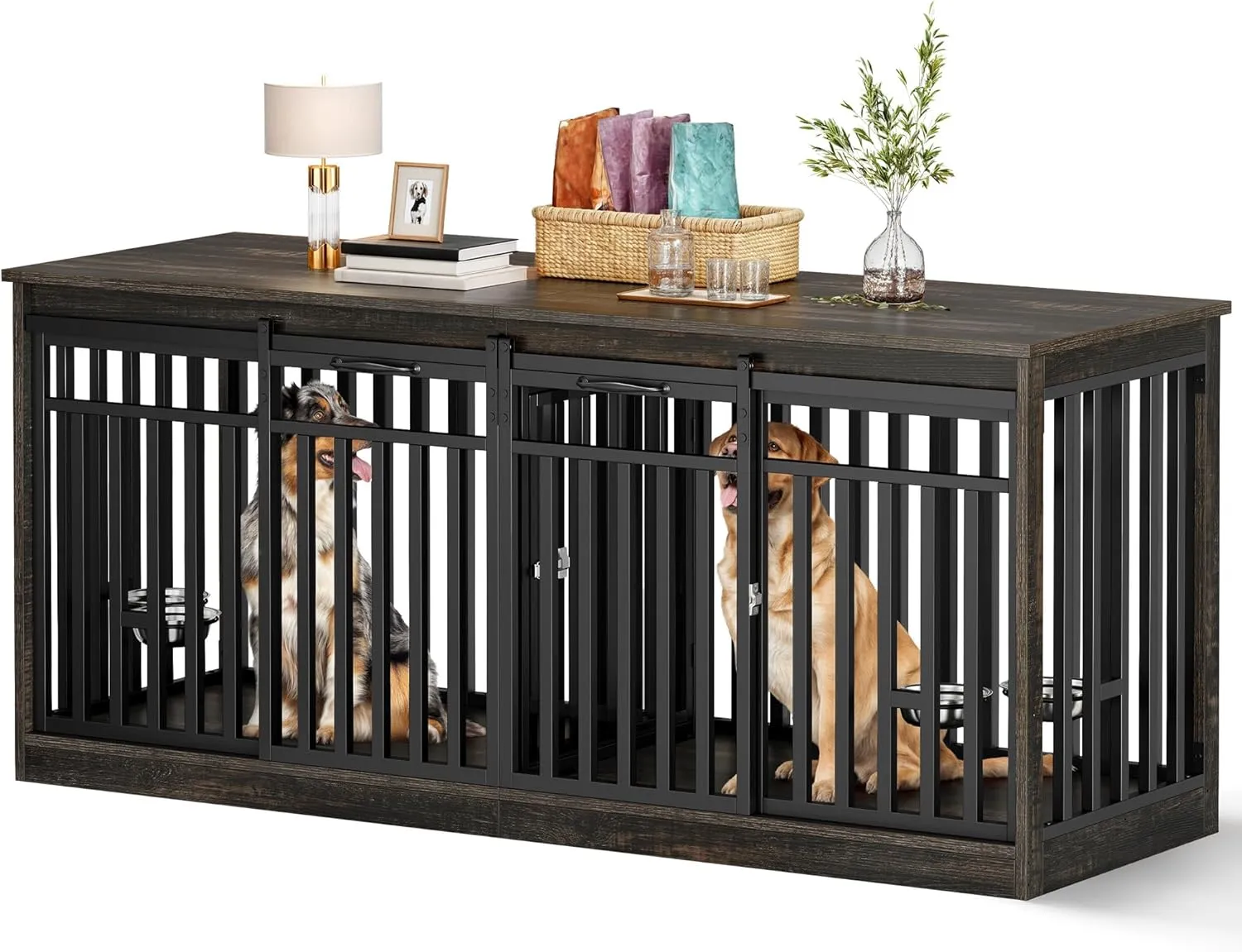 DWVO 71" Double Dog Crate Furniture for 2 Medium Dogs, Heavy Duty Wood Dual Dog Kennel TV Stand with Sliding Doors, Decorative Wooden 2 Dog Cage Table with Dog Bowls for Extra Large Dogs Black Oak