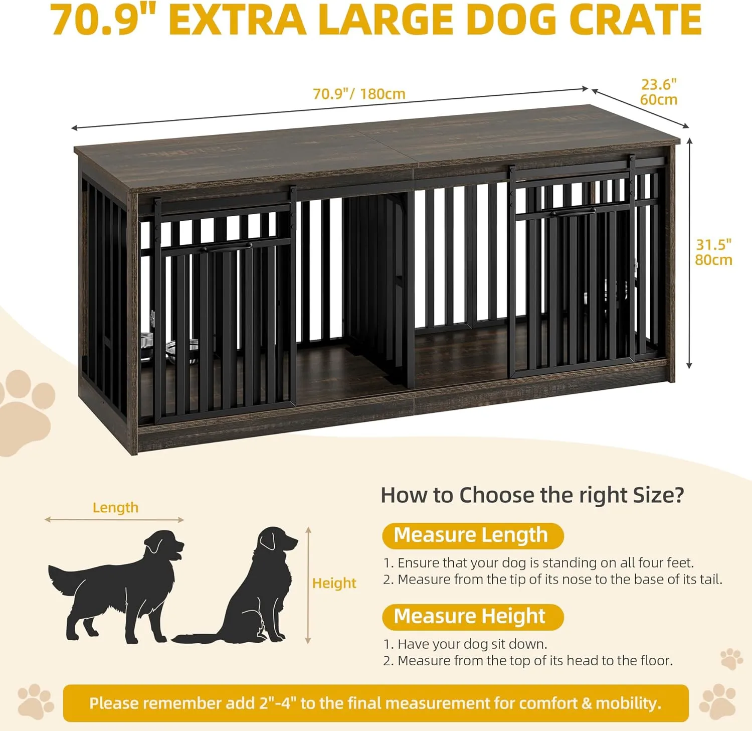 DWVO 71" Double Dog Crate Furniture for 2 Medium Dogs, Heavy Duty Wood Dual Dog Kennel TV Stand with Sliding Doors, Decorative Wooden 2 Dog Cage Table with Dog Bowls for Extra Large Dogs Black Oak