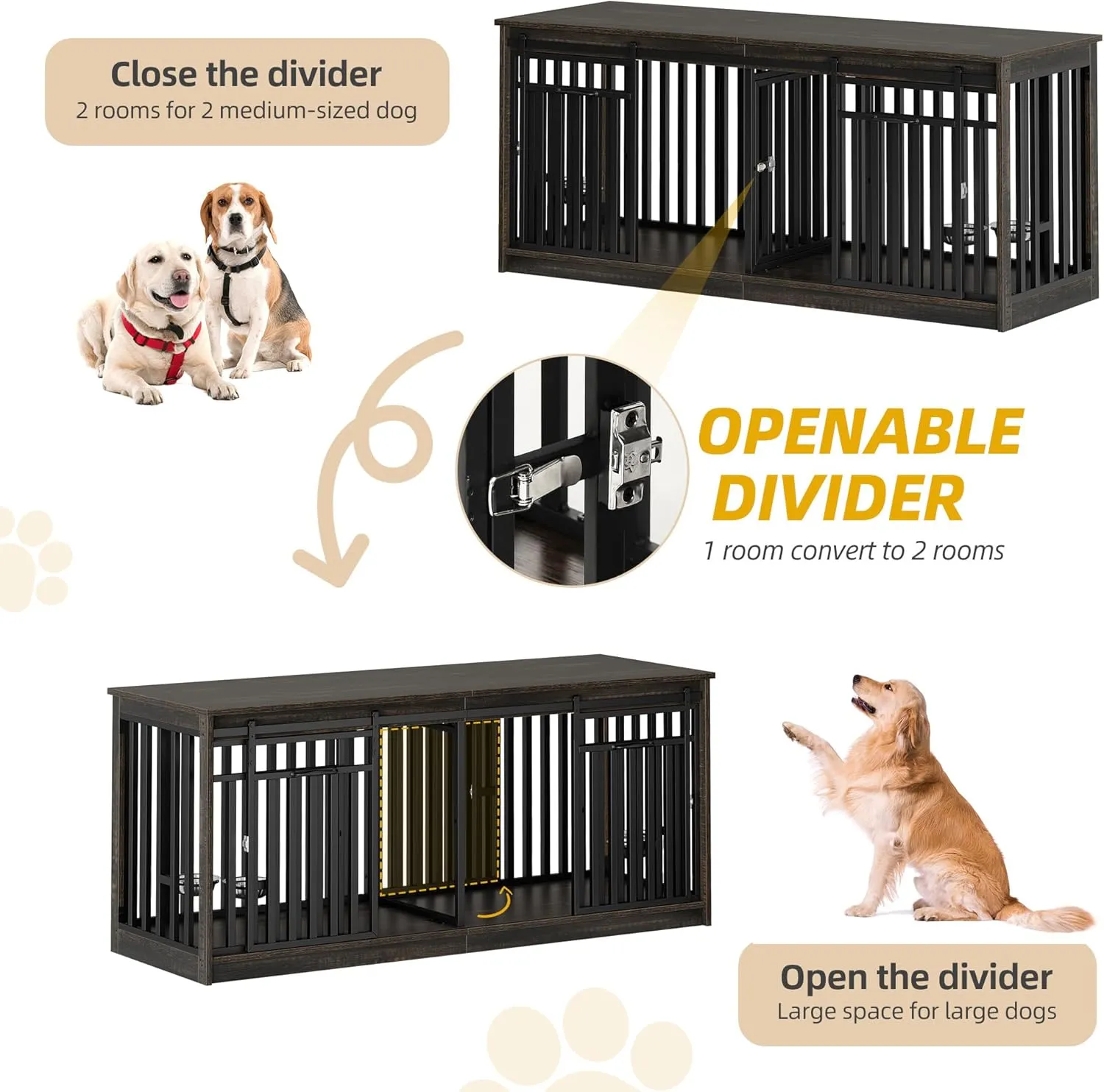DWVO 71" Double Dog Crate Furniture for 2 Medium Dogs, Heavy Duty Wood Dual Dog Kennel TV Stand with Sliding Doors, Decorative Wooden 2 Dog Cage Table with Dog Bowls for Extra Large Dogs Black Oak