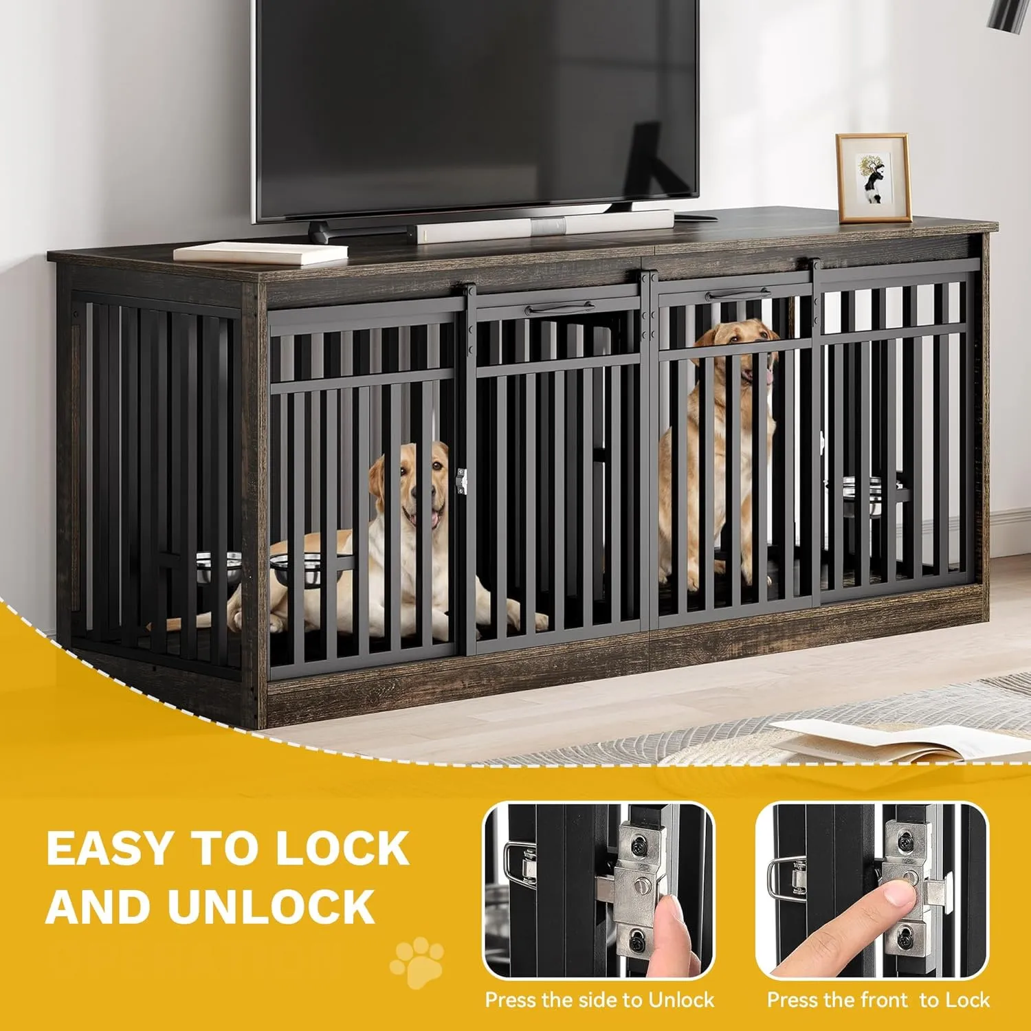 DWVO 71" Double Dog Crate Furniture for 2 Medium Dogs, Heavy Duty Wood Dual Dog Kennel TV Stand with Sliding Doors, Decorative Wooden 2 Dog Cage Table with Dog Bowls for Extra Large Dogs Black Oak