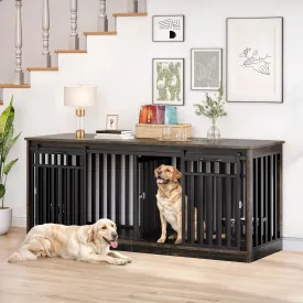 DWVO 71" Double Dog Crate Furniture for 2 Medium Dogs, Heavy Duty Wood Dual Dog Kennel TV Stand with Sliding Doors, Decorative Wooden 2 Dog Cage Table with Dog Bowls for Extra Large Dogs Black Oak