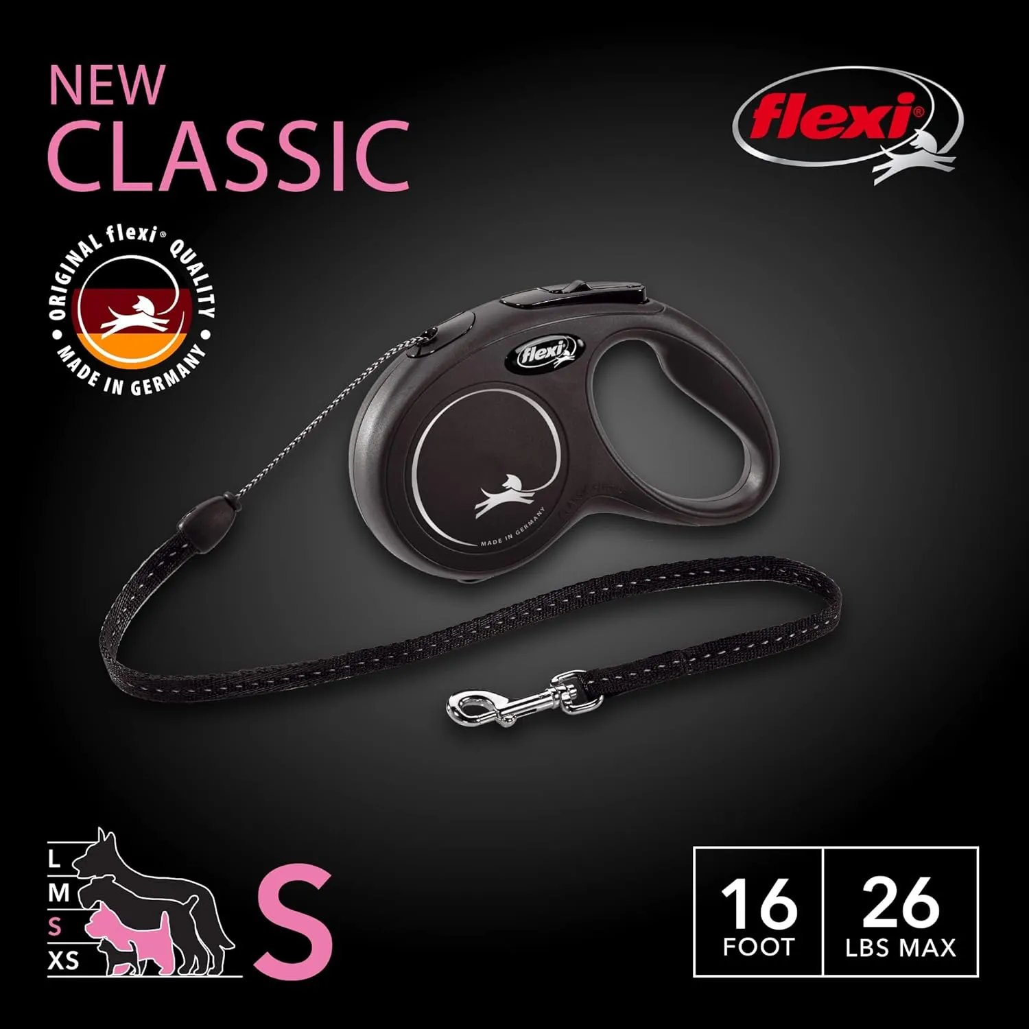 FLEXI New Classic Cord Retractable Dog Leash for Small Dogs up to 26 lbs.  16 ft., Black | Tangle-Free Pet Walking Leash with One-Handed Brake, Pause, Lock|German Quality Product