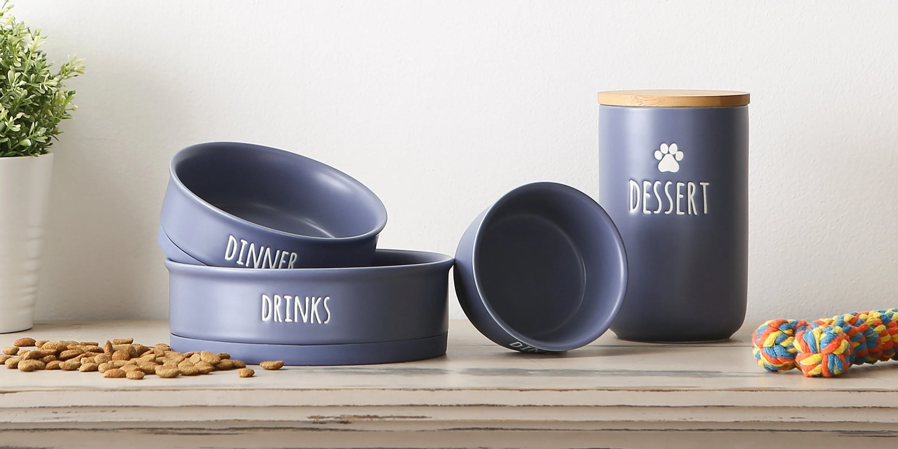 French Blue Dinner, Drinks & Dessert Pet Bowl Set/2, Small - 3/4 C Capacity