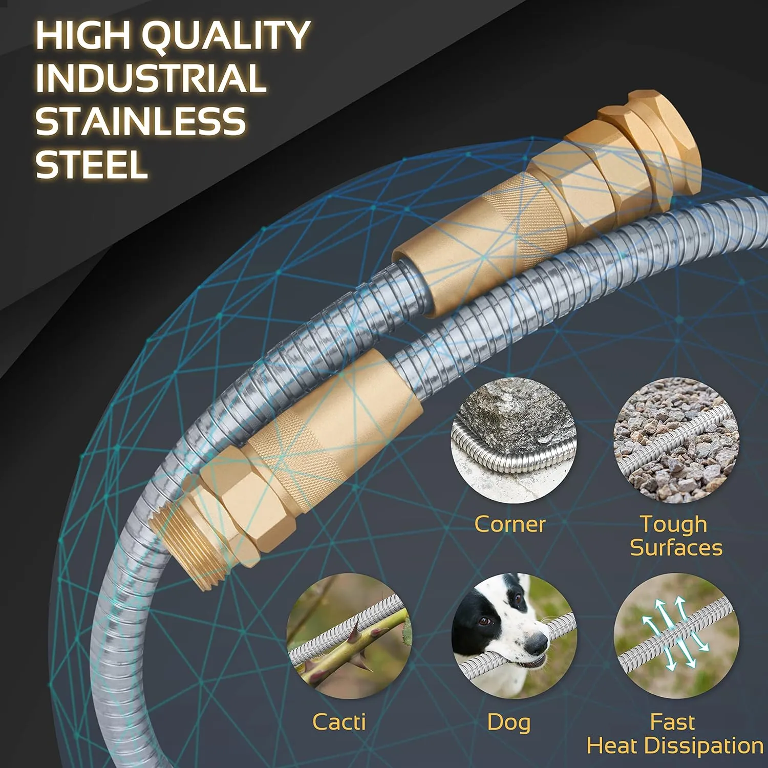 Garden Hose Metal - 100ft Heavy Duty Stainless Steel Water Hose with 8 Function Sprayer & Metal Fittings, Flexible, Lightweight, No Kink, Puncture Proof Hose for Yard, Outdoors, Rv