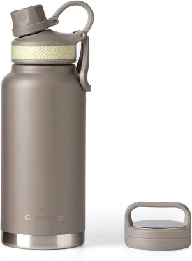 GRANDTIES 2 Lids Sports Stainless Steel Water Bottles  Wide Mouth Vacuum Insulated Reusable Leak Proof BPA-Free Travel Metal Canteen, Thermos Bottles for Men Women Gym (Caffe Latte 32 oz)