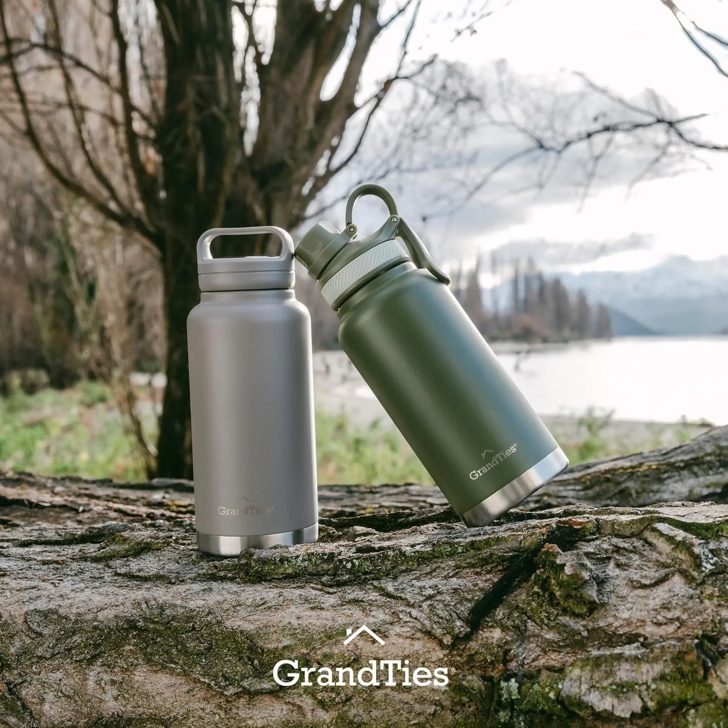 GRANDTIES 2 Lids Sports Stainless Steel Water Bottles  Wide Mouth Vacuum Insulated Reusable Leak Proof BPA-Free Travel Metal Canteen, Thermos Bottles for Men Women Gym (Caffe Latte 32 oz)