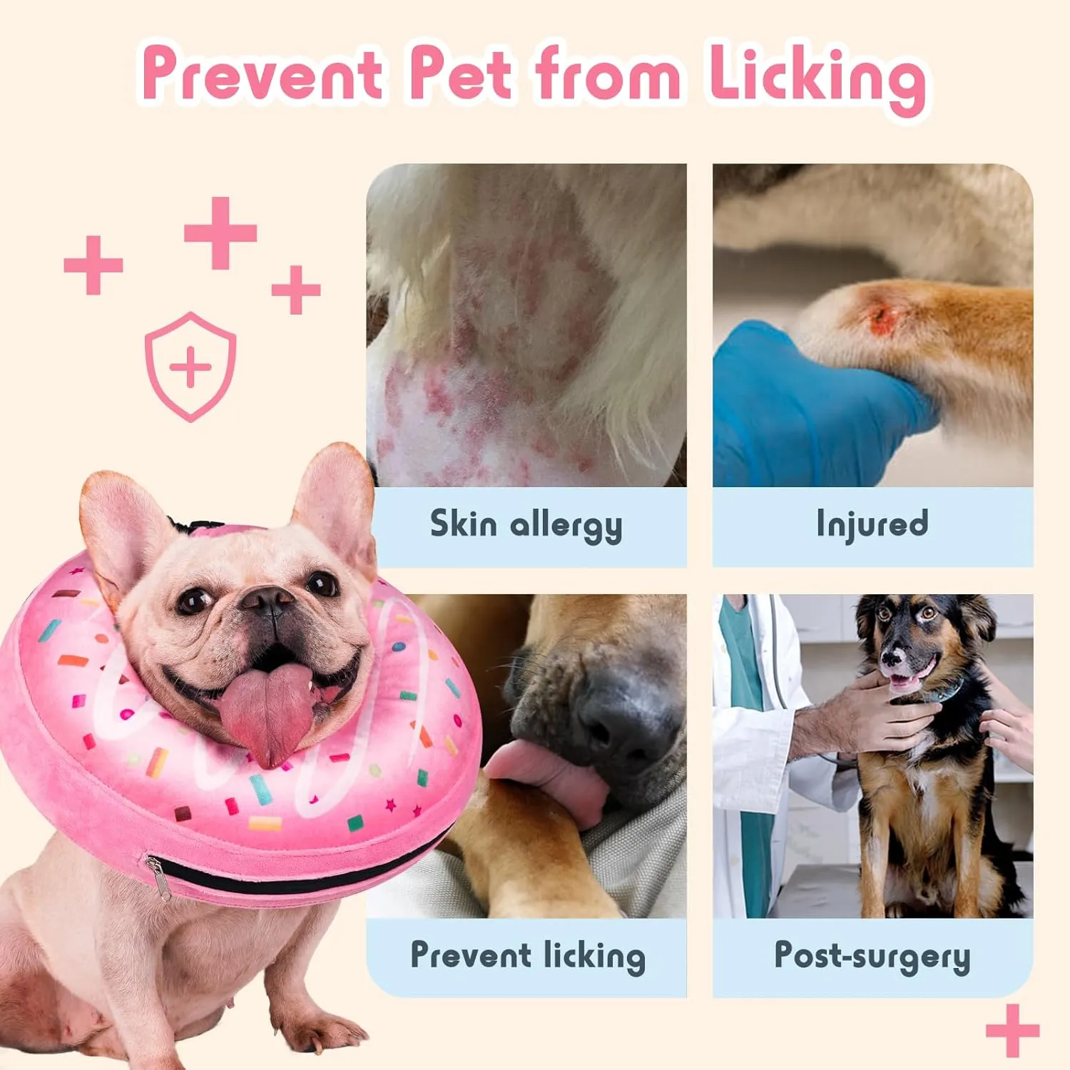 Inflatable Dog Pillow Cone Collar After Surgery, Donut Soft Neck Cone for Pug Dachshund Medium Dogs, etc, Recovery E Collar to Stop Licking Pink