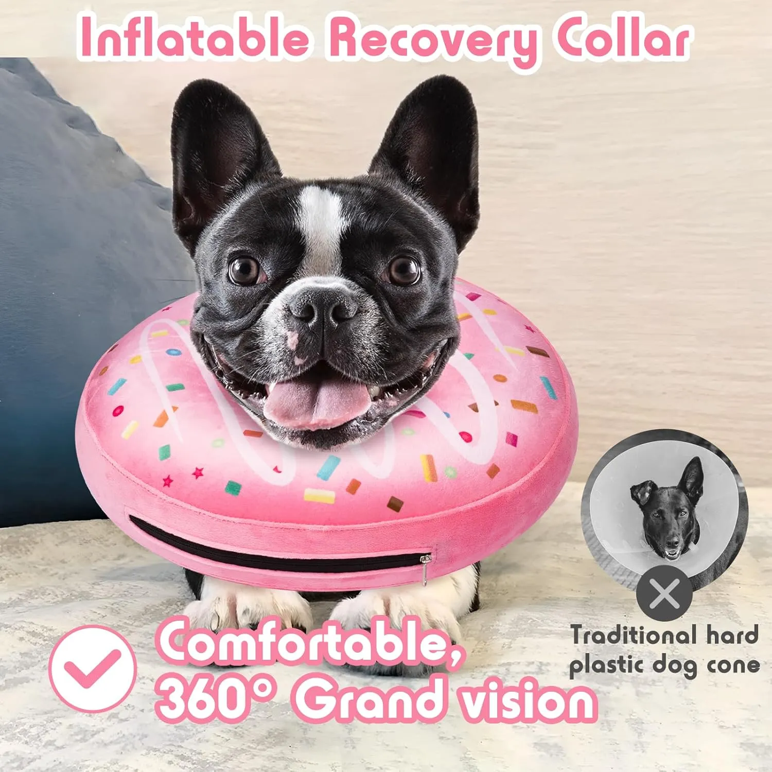 Inflatable Dog Pillow Cone Collar After Surgery, Donut Soft Neck Cone for Pug Dachshund Medium Dogs, etc, Recovery E Collar to Stop Licking Pink