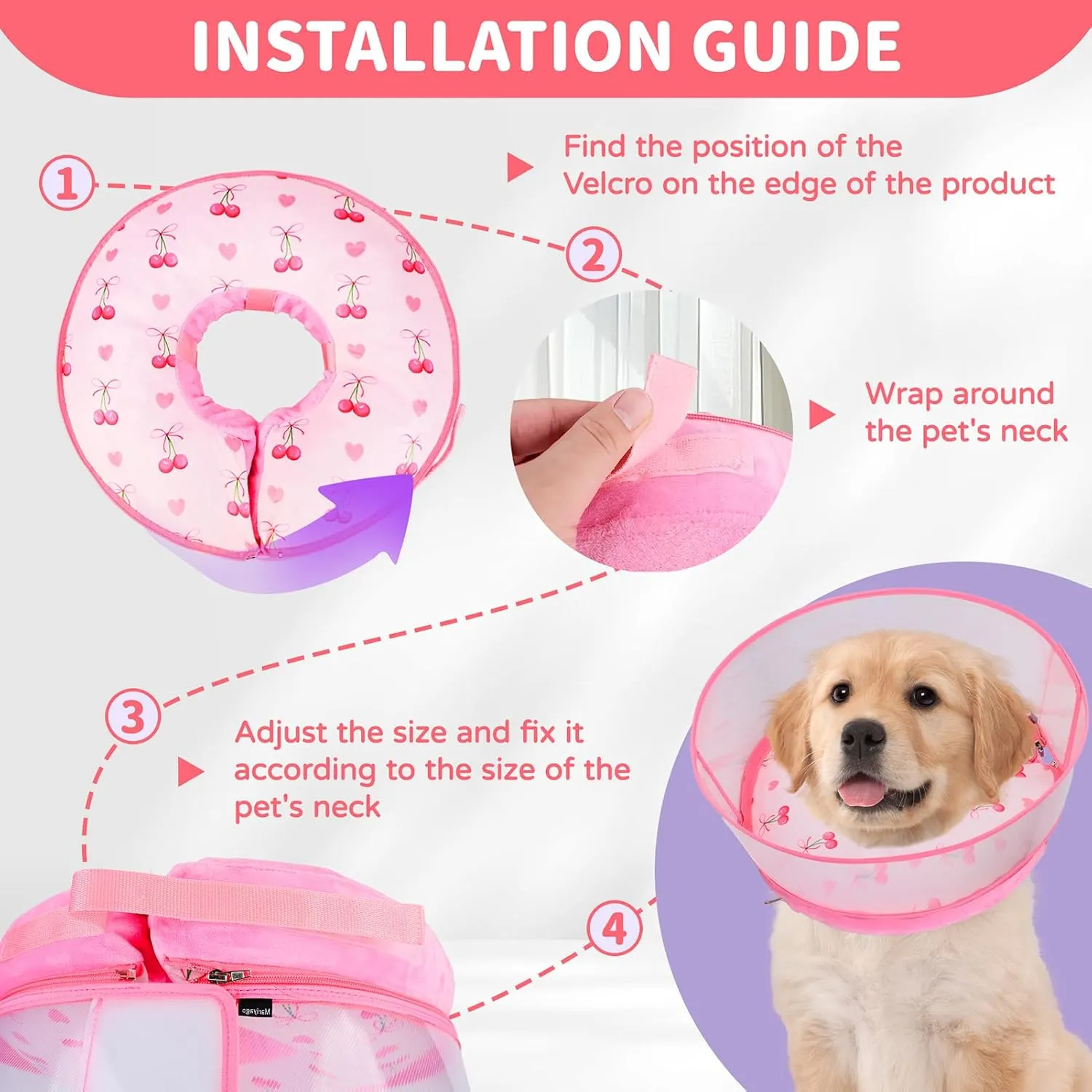 Inflatable Recovery Dog Cone Collar for Large Medium Dogs After Surgery, Soft Dog Donut Collar Adjustable Recovery Bone for Pets, Prevent from Biting & Scratching (Pink, M )